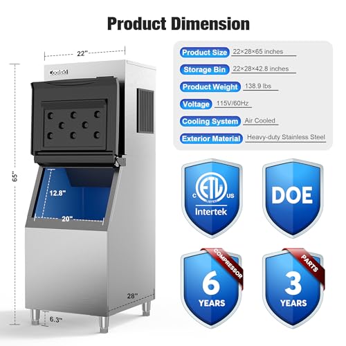 Coolski Commercial Ice Maker Machine 450LBS/24H  22 Wide Ice Machine with 300LBS Large Storage Bin  Clear Ice Cubes Air Cooled Stainless Steel Ice Maker for Restaurant/Bar/Cafe/Business