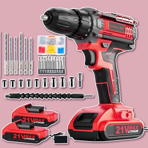 Cordless Drill  21V Power Drill with Dual 2 0Ah Power Pack and Charger  Power Electric Battery Drills Set  3/8 Chuck  25 1 Torque  Compact Drills with 90 Accessories Tool for DIY  Home Repair & Gift