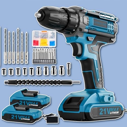 Cordless Drill  21V Power Drill with Dual 2 0Ah Power Pack and Charger  Power Electric Battery Drills Set  3/8 Chuck  25 1 Torque  Compact Drills with 90 Accessories Tool for DIY  Home Repair & Gift
