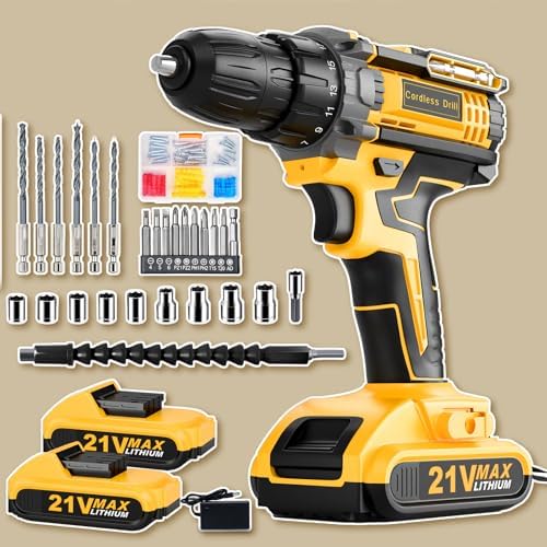 Cordless Drill  21V Power Drill with Dual 2 0Ah Power Pack and Charger  Power Electric Battery Drills Set  3/8 Chuck  25 1 Torque  Compact Drills with 90 Accessories Tool for DIY  Home Repair & Gift