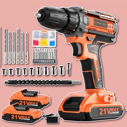 Cordless Drill  21V Power Drill with Dual 2 0Ah Power Pack and Charger  Power Electric Battery Drills Set  3/8 Chuck  25 1 Torque  Compact Drills with 90 Accessories Tool for DIY  Home Repair & Gift
