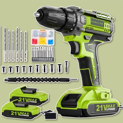 Cordless Drill  21V Power Drill with Dual 2 0Ah Power Pack and Charger  Power Electric Battery Drills Set  3/8 Chuck  25 1 Torque  Compact Drills with 90 Accessories Tool for DIY  Home Repair & Gift