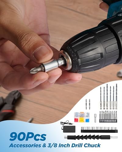 Cordless Drill  21V Power Drill with Dual 2 0Ah Power Pack and Charger  Power Electric Battery Drills Set  3/8 Chuck  25 1 Torque  Compact Drills with 90 Accessories Tool for DIY  Home Repair & Gift