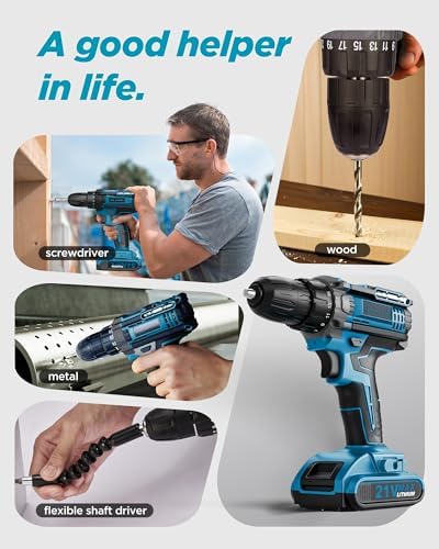 Cordless Drill  21V Power Drill with Dual 2 0Ah Power Pack and Charger  Power Electric Battery Drills Set  3/8 Chuck  25 1 Torque  Compact Drills with 90 Accessories Tool for DIY  Home Repair & Gift