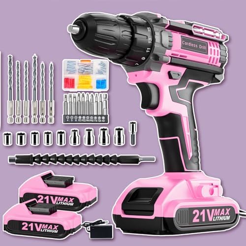 Cordless Drill  21V Power Drill with Dual 2 0Ah Power Pack and Charger  Power Electric Battery Drills Set  3/8 Chuck  25 1 Torque  Compact Drills with 90 Accessories Tool for DIY  Home Repair & Gift