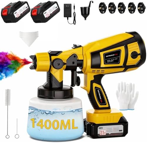 Cordless Paint Sprayer with Battery 2 X 4000mAh 21V  5 Nozzles & 3 Spray Modes  Spray Paint Gun with 1400ML Container  Handheld Paint Sprayer for House Painting Furniture Cabinets Fence Wall