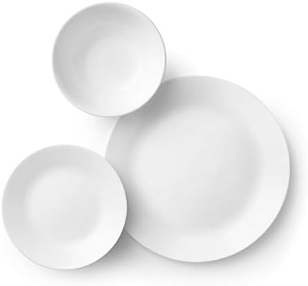 Corelle Vitrelle 18 Piece Service for 6 Dinnerware Set Triple Layer Glass and Chip Resistant  Lightweight Round Plates and Bowls Set  Winter Frost White