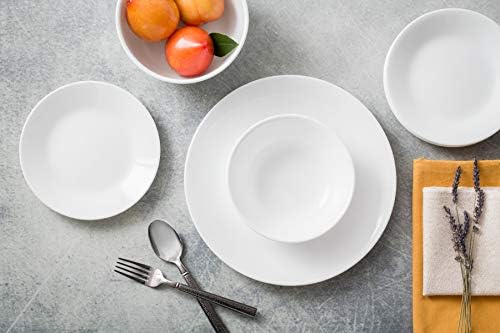 Corelle Vitrelle 18 Piece Service for 6 Dinnerware Set Triple Layer Glass and Chip Resistant  Lightweight Round Plates and Bowls Set  Winter Frost White