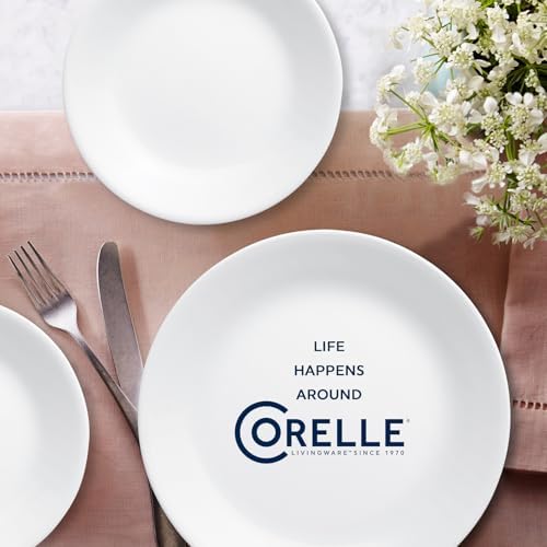 Corelle Vitrelle 18 Piece Service for 6 Dinnerware Set Triple Layer Glass and Chip Resistant  Lightweight Round Plates and Bowls Set  Winter Frost White