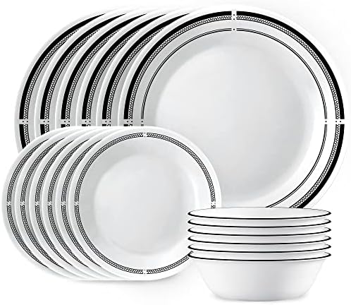 Corelle Vitrelle 18 Piece Service for 6 Dinnerware Set Triple Layer Glass and Chip Resistant  Lightweight Round Plates and Bowls Set  Winter Frost White