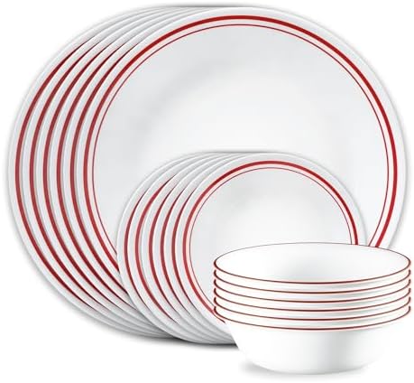 Corelle Vitrelle 18 Piece Service for 6 Dinnerware Set Triple Layer Glass and Chip Resistant  Lightweight Round Plates and Bowls Set  Winter Frost White