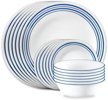 Corelle Vitrelle 18 Piece Service for 6 Dinnerware Set Triple Layer Glass and Chip Resistant  Lightweight Round Plates and Bowls Set  Winter Frost White