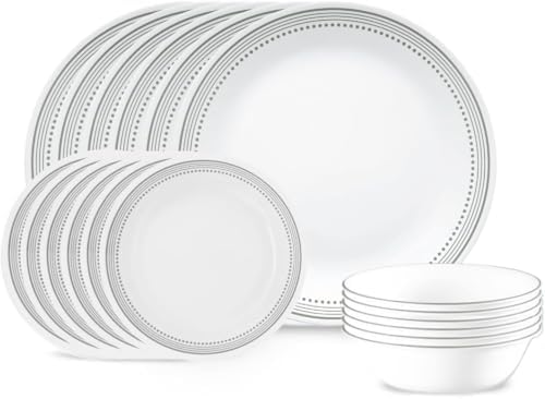 Corelle Vitrelle 18 Piece Service for 6 Dinnerware Set Triple Layer Glass and Chip Resistant  Lightweight Round Plates and Bowls Set  Winter Frost White
