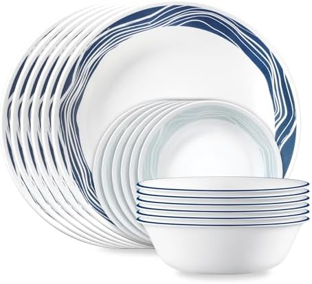Corelle Vitrelle 18 Piece Service for 6 Dinnerware Set Triple Layer Glass and Chip Resistant  Lightweight Round Plates and Bowls Set  Winter Frost White
