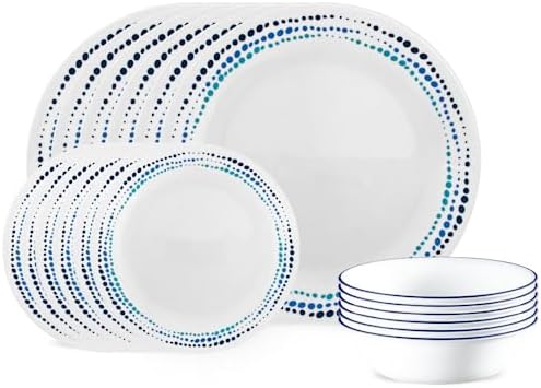 Corelle Vitrelle 18 Piece Service for 6 Dinnerware Set Triple Layer Glass and Chip Resistant  Lightweight Round Plates and Bowls Set  Winter Frost White