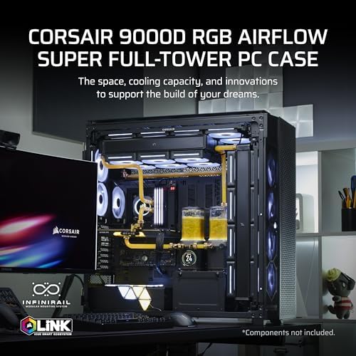 Corsair 9000D RGB Airflow Super Full Tower PC Case   Fits up to 18x 120mm  7X 140mm  or 4X 200mm Fans   InfiniRail  Fan Mounting   iCUE Link System Hub Included   No Fans Included   Black