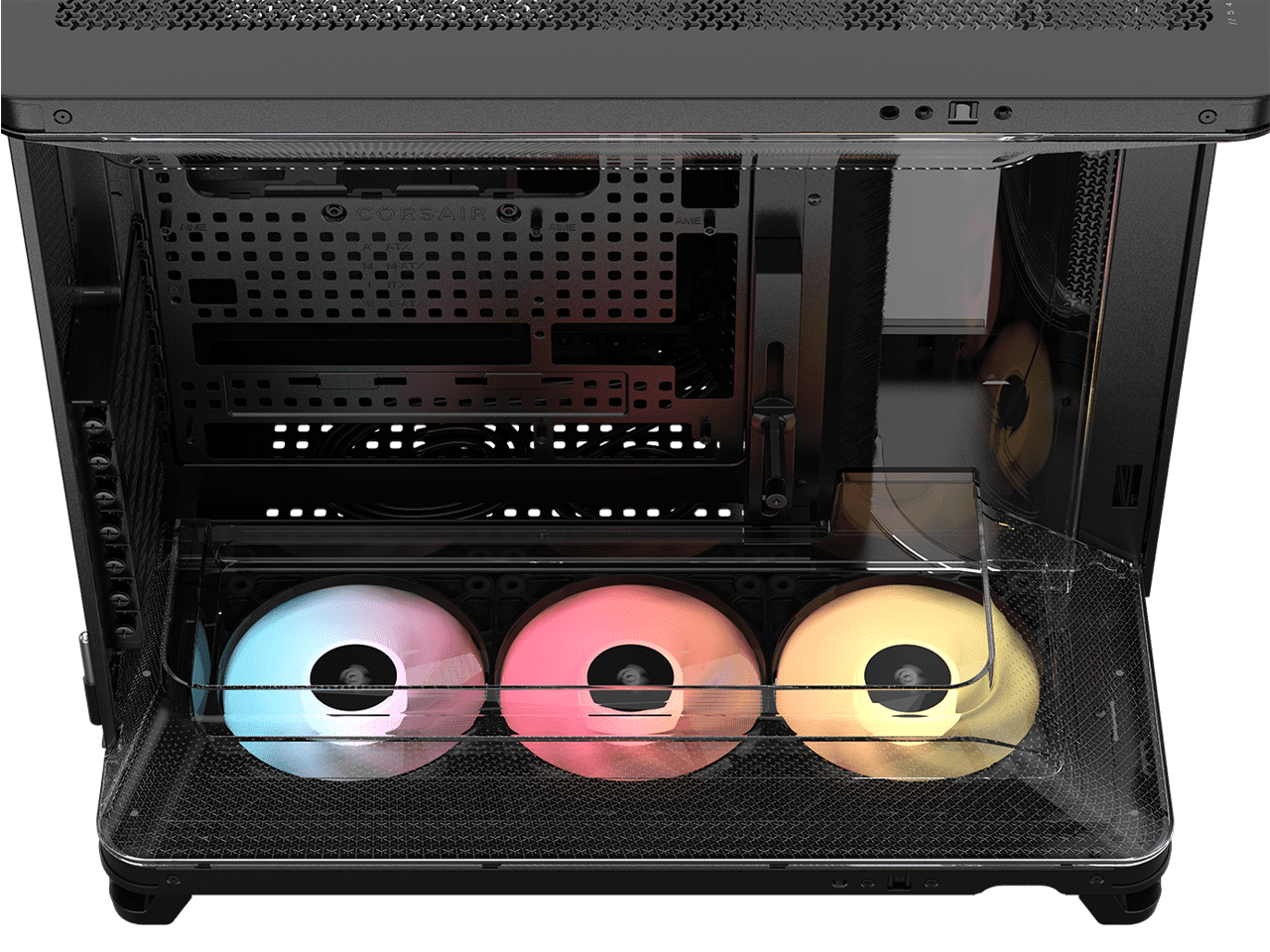 Corsair AIR 5400 RS R ARGB Triple Chamber Mid Tower PC Case Black with 3x RS R 120mm reverse PWM ARGB fans Pre installed  BTF Back Plug Motherboard Design