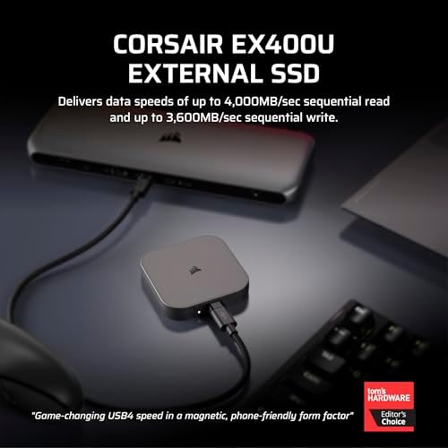Corsair EX400U 2TB USB4 Portable External Type C SSD   Up to 4 000MB/s Read  3 600MB/s Write  USB 3 2 Gen2 2x2  Plug and Play  Thunderbolt 4  MagSafe  Includes 40Gbps Cable  Windows PC  iOS Mac   Gray