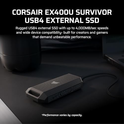 Corsair EX400U Survivor 2TB USB4 External SSD   Up to 4000 MB/s  IP55 Rugged Drive  Plug & Play for PC  Mac & iPad   Black