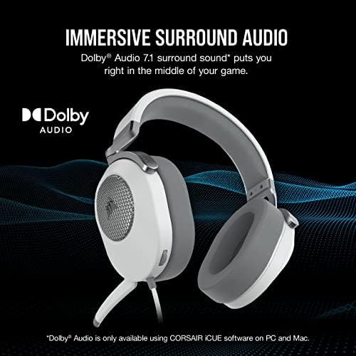 Corsair HS65 Surround Multiplatform Wired Gaming Headset   Dolby Atmos   SonarWorks SoundID   iCUE Compatible   PC  Mac  PS5  PS4  Xbox  Nintendo Switch  Mobile   White