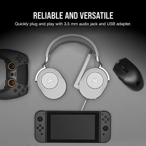 Corsair HS65 Surround Multiplatform Wired Gaming Headset   Dolby Atmos   SonarWorks SoundID   iCUE Compatible   PC  Mac  PS5  PS4  Xbox  Nintendo Switch  Mobile   White