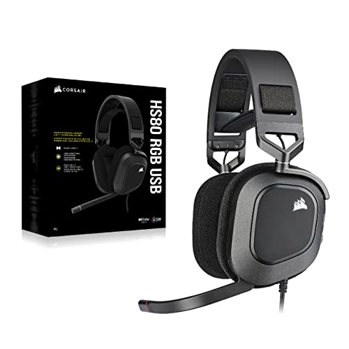Corsair HS80 RGB USB Premium Gaming Headset with Dolby Audio 7 1 Surround Sound  Broadcast Grade Omni Directional Microphone  Memory Foam Earpads  High Fidelity Sound  Durable Construction  Carbon