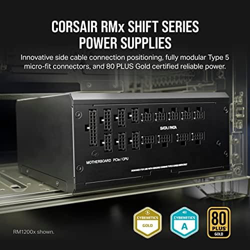 Corsair RM1200x Shift Fully Modular ATX Power Supply   Modular Side Interface   ATX 3 1 & PCIe 5 1 Compliant   Zero RPM Fan Mode   105 C Rated Capacitors   80 Plus Gold Efficiency   Black