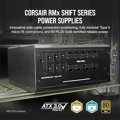 Corsair RM1200x Shift Fully Modular ATX Power Supply   Modular Side Interface   ATX 3 1 & PCIe 5 1 Compliant   Zero RPM Fan Mode   105 C Rated Capacitors   80 Plus Gold Efficiency   Black