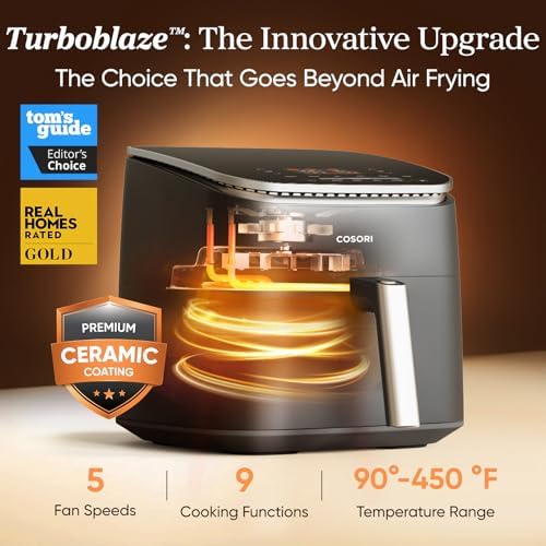 Cosori 9 in 1 TurboBlaze Air Fryer 6 Qt  Premium Ceramic Coating  90  450 F  Precise Heating for Even Results  Air Fry  Roast  Bake  Broil  Dry  Frozen  Proof  Reheat  Keep Warm  120V  Dark Gray