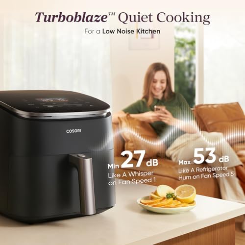 Cosori 9 in 1 TurboBlaze Air Fryer 6 Qt  Premium Ceramic Coating  90  450 F  Precise Heating for Even Results  Air Fry  Roast  Bake  Broil  Dry  Frozen  Proof  Reheat  Keep Warm  120V  Dark Gray