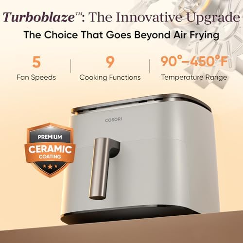 Cosori 9 in 1 TurboBlaze Air Fryer 6 Qt  Premium Ceramic Coating  90  450 F  Precise Heating for Even Results  Air Fry  Roast  Bake  Broil  Dry  Frozen  Proof  Reheat  Keep Warm  120V  Dark Gray