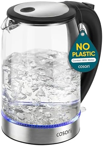 Cosori Electric Kettle  No Plastic Contact With Water  Wide Mouth For Easy Cleaning  Auto Shut Off  1 7L Tea Kettle & Hot Water Boiler  Water Heater & Teapot  Borosilicate Glass  Black  1500W