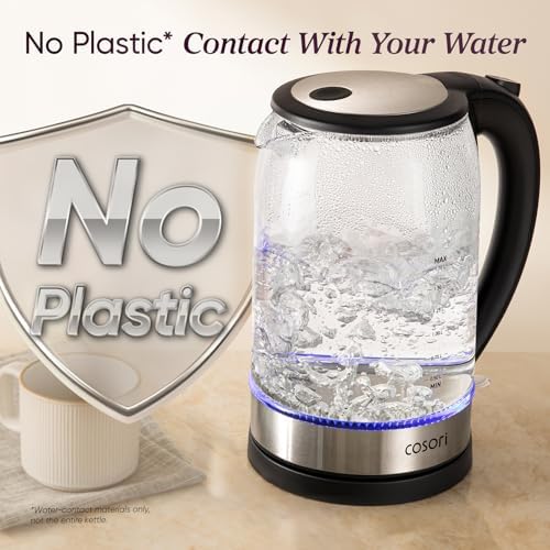 Cosori Electric Kettle  No Plastic Contact With Water  Wide Mouth For Easy Cleaning  Auto Shut Off  1 7L Tea Kettle & Hot Water Boiler  Water Heater & Teapot  Borosilicate Glass  Black  1500W