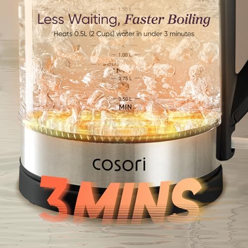 Cosori Electric Kettle  No Plastic Contact With Water  Wide Mouth For Easy Cleaning  Auto Shut Off  1 7L Tea Kettle & Hot Water Boiler  Water Heater & Teapot  Borosilicate Glass  Black  1500W