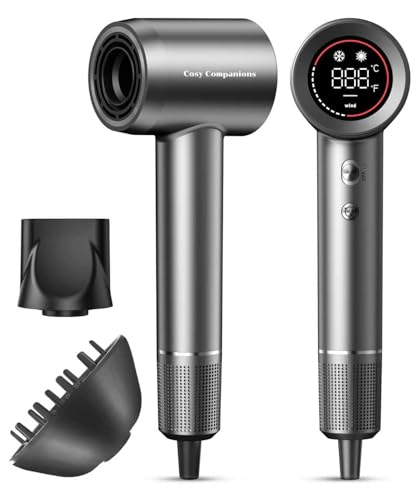 Cosy Companions Hair Dryer   Negative Ionic Blow Dryer with 150000 RPM High Speed Brushless Motor for Fast Drying  Low Noise  HD Display Hair Dryer with Diffuser and Nozzle  5 Temps & 2 Speeds