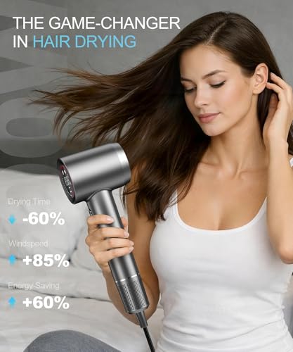 Cosy Companions Hair Dryer   Negative Ionic Blow Dryer with 150000 RPM High Speed Brushless Motor for Fast Drying  Low Noise  HD Display Hair Dryer with Diffuser and Nozzle  5 Temps & 2 Speeds
