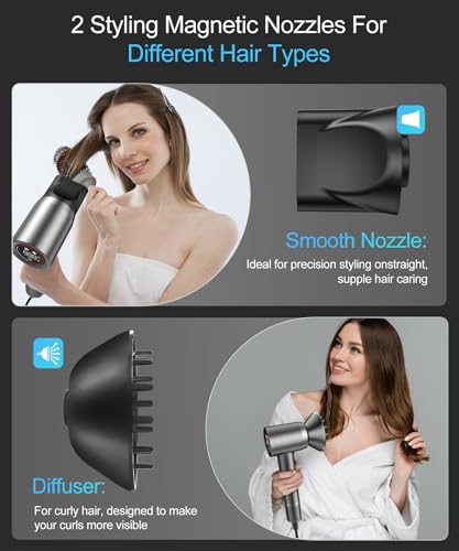 Cosy Companions Hair Dryer   Negative Ionic Blow Dryer with 150000 RPM High Speed Brushless Motor for Fast Drying  Low Noise  HD Display Hair Dryer with Diffuser and Nozzle  5 Temps & 2 Speeds