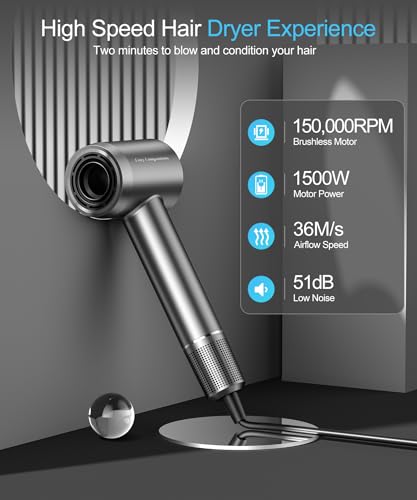 Cosy Companions Hair Dryer   Negative Ionic Blow Dryer with 150000 RPM High Speed Brushless Motor for Fast Drying  Low Noise  HD Display Hair Dryer with Diffuser and Nozzle  5 Temps & 2 Speeds