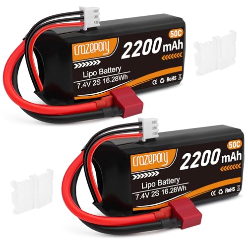 Crazepony 7 4v Lipo Battery 2200mah 50C 2S Lipo Battery with T Plug Connector for 1/16 Slash RC Car RC Truck RC Helicopter Airplane Quadcopter Drone RC Boat Racing Models  2 Pack