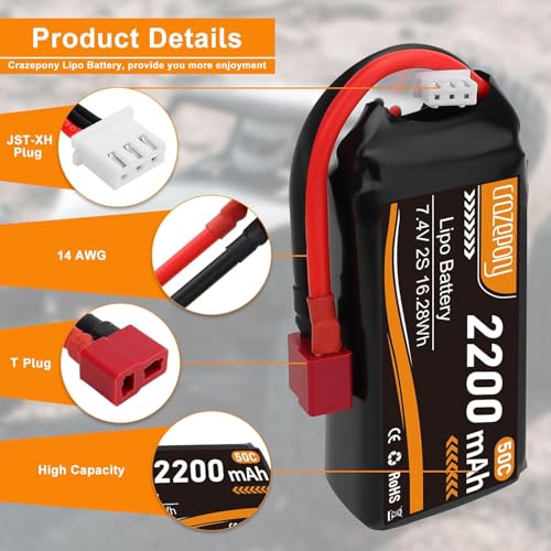 Crazepony 7 4v Lipo Battery 2200mah 50C 2S Lipo Battery with T Plug Connector for 1/16 Slash RC Car RC Truck RC Helicopter Airplane Quadcopter Drone RC Boat Racing Models  2 Pack
