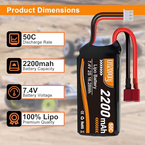 Crazepony 7 4v Lipo Battery 2200mah 50C 2S Lipo Battery with T Plug Connector for 1/16 Slash RC Car RC Truck RC Helicopter Airplane Quadcopter Drone RC Boat Racing Models  2 Pack