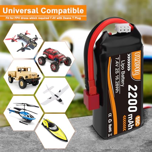 Crazepony 7 4v Lipo Battery 2200mah 50C 2S Lipo Battery with T Plug Connector for 1/16 Slash RC Car RC Truck RC Helicopter Airplane Quadcopter Drone RC Boat Racing Models  2 Pack