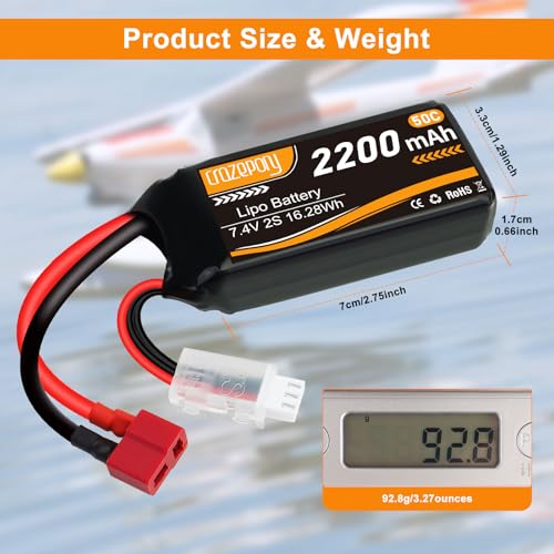 Crazepony 7 4v Lipo Battery 2200mah 50C 2S Lipo Battery with T Plug Connector for 1/16 Slash RC Car RC Truck RC Helicopter Airplane Quadcopter Drone RC Boat Racing Models  2 Pack