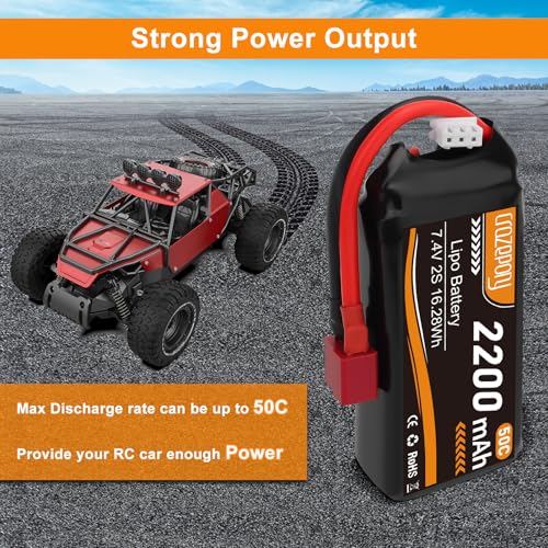 Crazepony 7 4v Lipo Battery 2200mah 50C 2S Lipo Battery with T Plug Connector for 1/16 Slash RC Car RC Truck RC Helicopter Airplane Quadcopter Drone RC Boat Racing Models  2 Pack