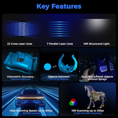 Creality Escáner 3D Raptor Pro para proyectos de automoción e ingeniería con precisión de grado de metrología de 0.001 in, láser azul 22+7, seguimiento antivibración, hasta 60 FPS velocidad de escaneo