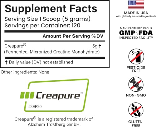 Creapure Creatine Monohydrate 600grams  120 Servings  Unflavored  Non GMO  Vegan Fermented  Third Party Lab Tested  Made with Halal and Kosher Certified Ingredients 