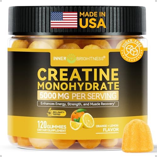 Creatine Monohydrate Gummies for Men & Women 5000 mg  3rd Party Tested  Creatine Chews for Muscle Growth  Strength & Energy Support  Sugar Free  Vegan  120 Count  Orange Lemon