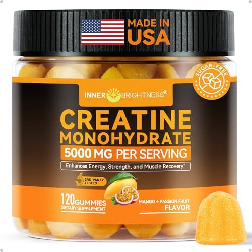 Creatine Monohydrate Gummies for Men & Women 5000 mg  3rd Party Tested  Creatine Chews for Muscle Growth  Strength & Energy Support  Sugar Free  Vegan  120 Count  Orange Lemon