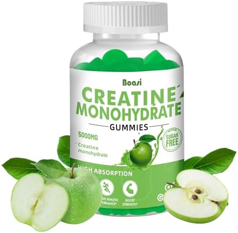 Creatine Monohydrate Gummies 5g Sugar Free Pre Workout Gummies for Women&Men Creatine Supplement Chews for Muscle Strength Muscle Builder Energy Boost Green Apple