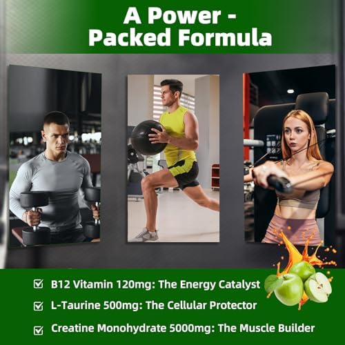 Creatine Monohydrate Gummies 5g Sugar Free Pre Workout Gummies for Women&Men Creatine Supplement Chews for Muscle Strength Muscle Builder Energy Boost Green Apple